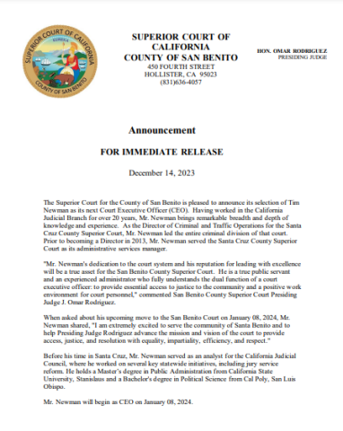 San Benito Court Welcomes Tim Newman as our new CEO Superior Court of