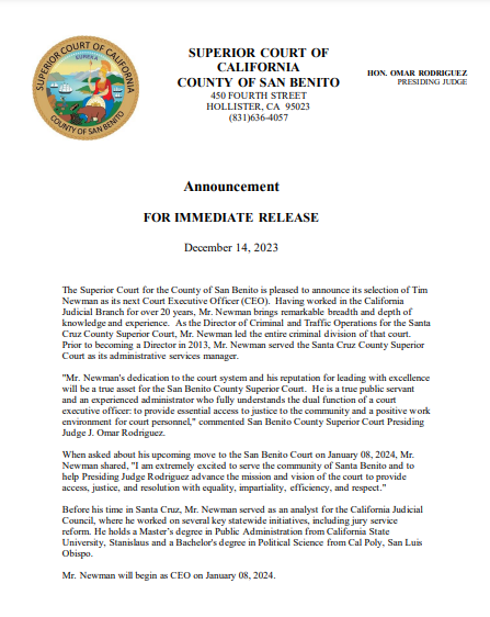 San Benito Court Welcomes Tim Newman as our new CEO Superior Court of California County of San Benito Court Welcomes Tim Newman as our new CEO Superior Court of California County of